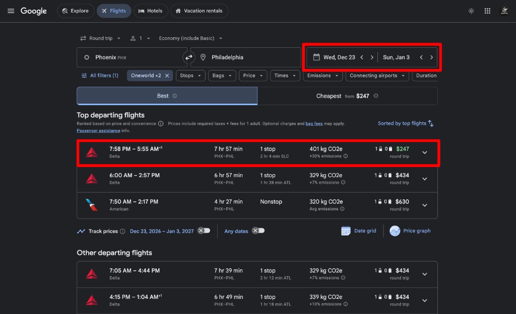 Google Flights results with prefilled dates and deal price highlighted