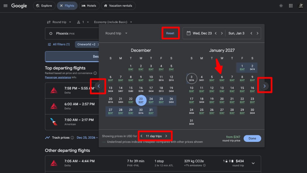 Google Flights calendar open showing Reset, month arrows, trip length, and day prices