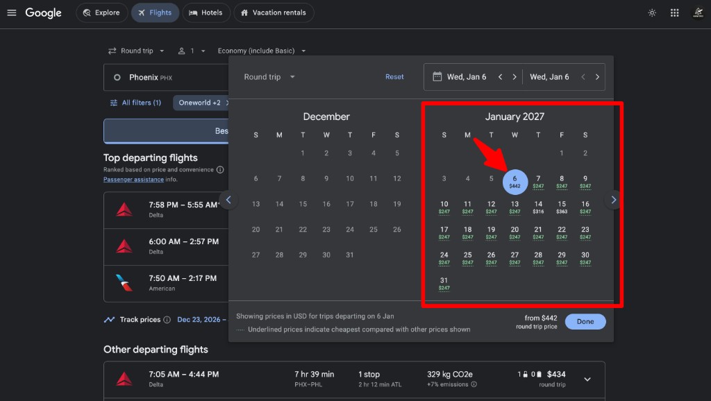 Calendar with a different start date selected and same-price options in green