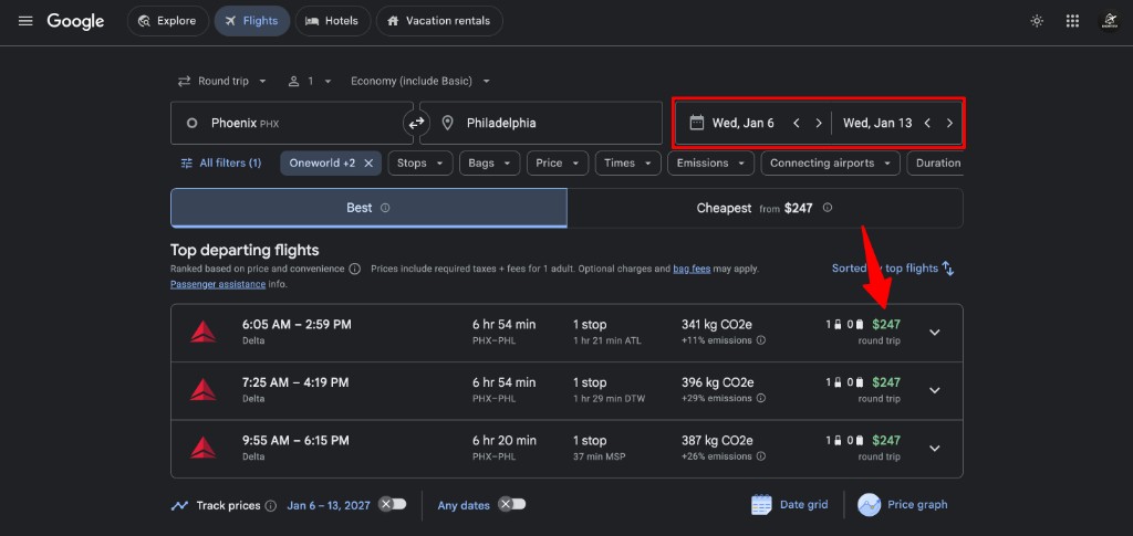 Google Flights results for new dates at the same deal price