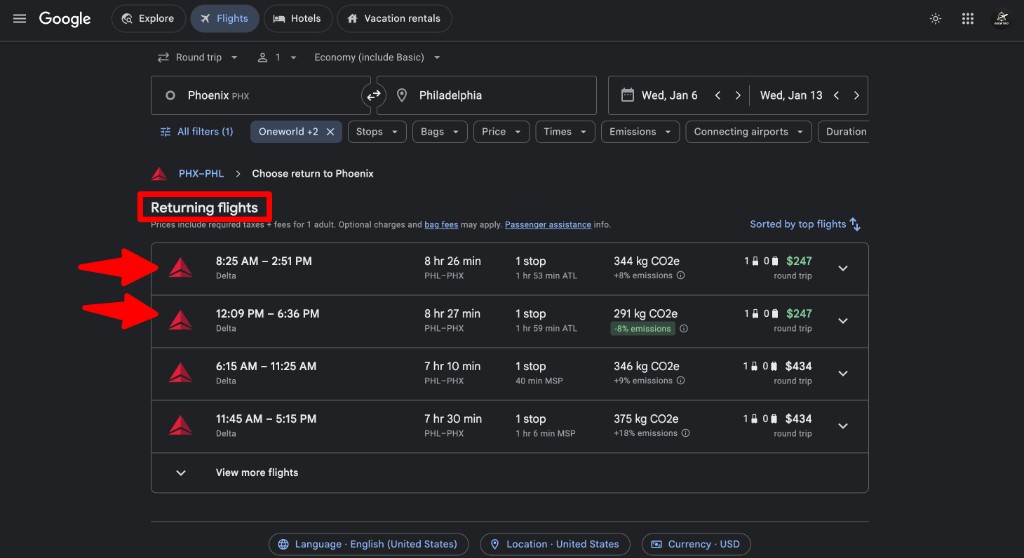 Google Flights returning flight options at the deal price