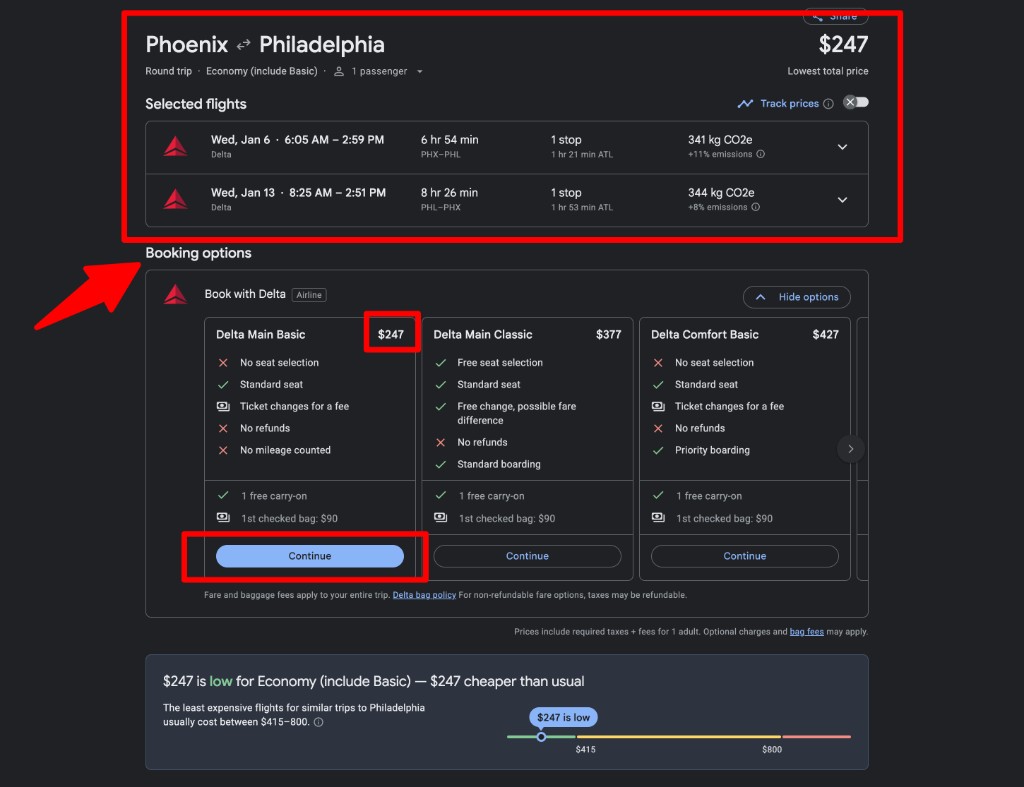 Google Flights booking options with Continue to complete on the airline site